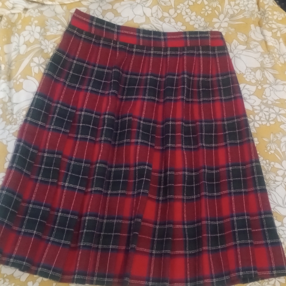 💃Vtg Talbots Red/Black/Dark Green Tartan Plaid Pleated Mini/Midi Skirt Size 10
